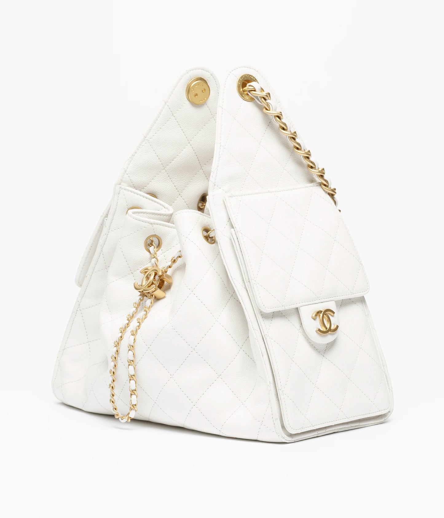 CHANEL 25 SMALL HANDBAG   Canvas, Calfskin & Gold-Tone Metal  Ecru & Camel
