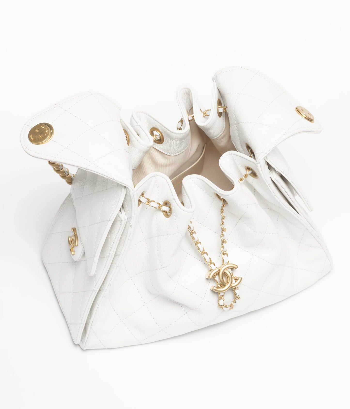 CHANEL 25 SMALL HANDBAG   Canvas, Calfskin & Gold-Tone Metal  Ecru & Camel